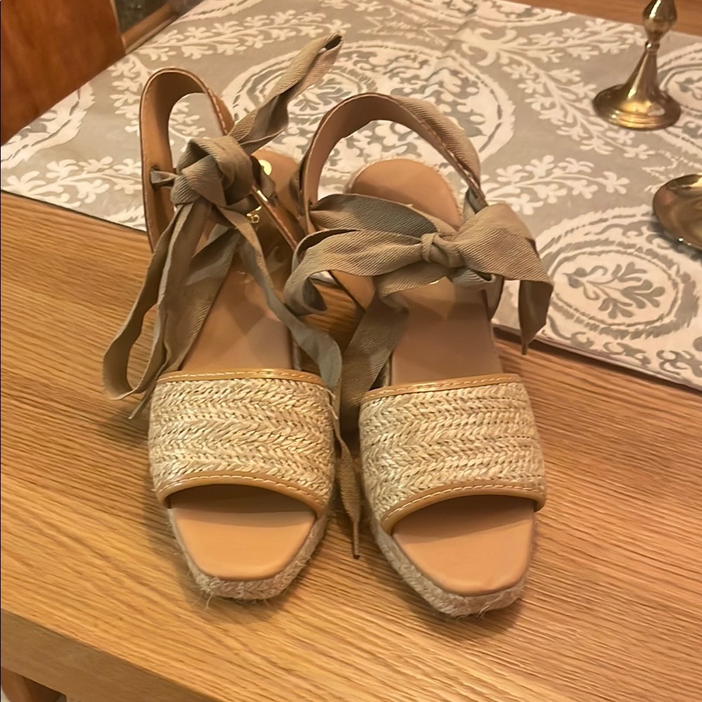 Woven Espadrille Platform Sandals with Ankle Tie - Tan